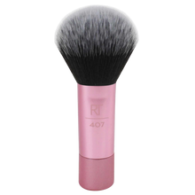 Load image into Gallery viewer, Real Techniques RT 407 Mini Multitask Brush with a short pink handle and soft, dense bristles, designed for travel and multi-purpose blending of face powders, blush, or bronzer.
