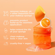 Load image into Gallery viewer, Real Techniques Miracle Blend + Cleanse Set showing sponge, solid soap, and travel tote with key cleansing benefits highlighted.