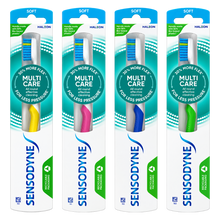 Load image into Gallery viewer, Sensodyne Multi Care Soft Toothbrushes in yellow, pink, blue and green, featuring soft bristles and flexible necks for all-round effective cleaning.