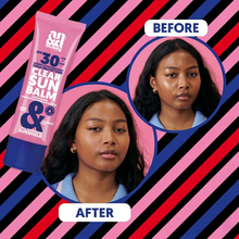 Load image into Gallery viewer, A before and after comparison of a woman using Clear Sun Balm, demonstrating the invisible, matte finish.