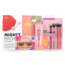 Load image into Gallery viewer, The Early Teens Glow Bundle containing Hero Mighty Patch pimple patches, Pinky Goat pre-glued false lashes, Dr. PawPaw tinted lip balm, and Real Techniques makeup brushes.
