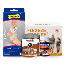 Load image into Gallery viewer, The Fuel & Support Bundle featuring a Uriel ankle splint, Flexeze Fortify, Vitaldin Sport peanut butter, and Vitaldin Energy gummies.