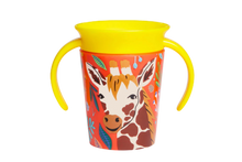 Load image into Gallery viewer, A bright yellow and orange toddler training cup with two handles and a giraffe print, designed for spill-free drinking.