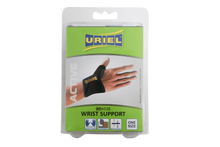 Load image into Gallery viewer, Packaging for the Uriel Active one-size wrist support brace, suitable for left and right hands, featuring fasteners and breathable fabric.