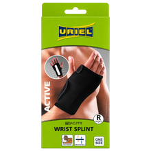 Load image into Gallery viewer, Uriel Active right hand wrist splint packaging box showing adjustable black support brace for wrist stability.
