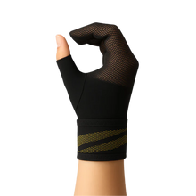 Load image into Gallery viewer, Uriel Carpal Tunnel Night Mitten in black and yellow, featuring an ergonomic design that leaves the thumb free while stabilizing the wrist and fingers.