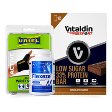 Load image into Gallery viewer, Wellness gift bundle with Flexeze joint support capsules, Uriel wrist support, and Vitaldin Sport Protein Energy Bars arranged in a ready-to-gift presentation box for active lifestyles.