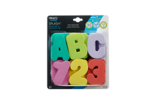 Load image into Gallery viewer, Vital Baby SPLASH alphabet and numbers set, featuring large, colourful foam letters and numbers A-Z and 0-9 that stick to bath tiles when wet for learning fun.