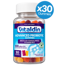 Load image into Gallery viewer, Vitaldin Advanced Probiotic gummies bottle containing 30 sugar-free, vegan gummies with Bacillus coagulans and Vitamin B12.