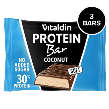 Load image into Gallery viewer, Vitaldin coconut protein bar wrapper featuring a 3-bar pack count, 30% protein content, and no added sugar, with a cross-section showing a soft creamy filling and chocolate coating.