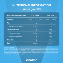 Load image into Gallery viewer, Nutritional information table and ingredients list for Vitaldin Coconut Protein Bar. The label shows 122 kcal, 10.5g protein, and only 0.3g sugar per 35g bar, featuring ingredients like milk protein, hydrolyzed collagen, and shredded coconut.