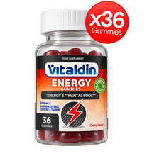 Load image into Gallery viewer, Vitaldin Energy Gummies bottle with 36 cherry-flavored gummies containing ginseng, guarana, caffeine, and taurine for a mental boost.