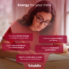 Load image into Gallery viewer, A student studying with glasses alongside key benefit highlights for Vitaldin Energy Gummies, including enhanced mental energy, reduced fatigue, and improved focus for study days.