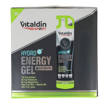 Load image into Gallery viewer, Box of Vitaldin Sport hydro energy gels lime flavour with electrolytes