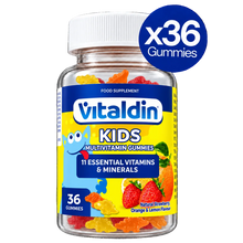 Load image into Gallery viewer, Bottle of 36 Vitaldin Kids Multivitamin Gummies containing 11 essential vitamins and minerals with natural strawberry, orange, and lemon flavours.