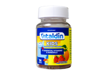 Load image into Gallery viewer, A close-up of a bottle of Vitaldin Kids Multivitamin Gummies, highlighting 11 essential vitamins and minerals and natural fruit flavours.