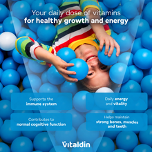 Load image into Gallery viewer, A smiling child playing in a blue ball pit alongside health benefit callouts for Vitaldin Multivitamin Gummies, highlighting immune system support, daily energy, cognitive function, and bone, muscle, and teeth maintenance.