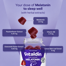 Load image into Gallery viewer, Product infographic for Vitaldin Melatonin Gummies highlighting 1.9 mg Melatonin, 1.4 mg Vitamin B6, Passionflower, Chamomile, and Lemon Balm herbal extracts, with sugar-free and vegan indicators.