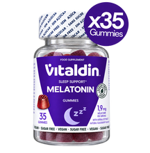 Load image into Gallery viewer, Vitaldin Sleep Support Melatonin gummies bottle containing 35 sugar-free, vegan gummies with 1.9mg melatonin and herbal extract in blackberry flavor.