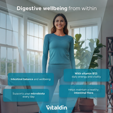 Load image into Gallery viewer, A woman in athletic wear standing indoors alongside benefit callouts for Vitaldin Advanced Probiotic gummies, including intestinal balance, microbiota support, and daily energy with Vitamin B12.