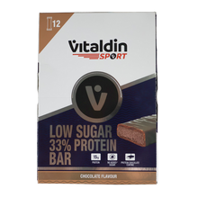 Load image into Gallery viewer, Box of Vitaldin Sport low sugar 33% protein bars chocolate flavour