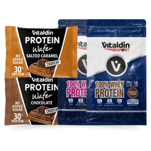 Load image into Gallery viewer, Protein-focused fitness gift box featuring Vitaldin Sport whey protein tubs and chocolate and salted caramel protein wafers, curated for active lifestyles and everyday nutrition support.