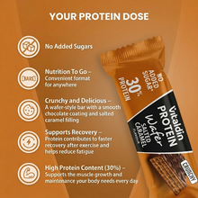 Load image into Gallery viewer, Vitaldin Salted Caramel Protein Wafer benefits infographic: 30% protein for muscle growth, supports recovery, no added sugar, and crunchy wafer texture.