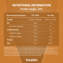 Load image into Gallery viewer, Nutritional information and ingredients list for Vitaldin Protein Wafer 30%. Contains 167 calories, 9g protein, and 1g sugar per 30g serving. Includes hydrolyzed collagen and whey protein.