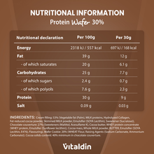 Load image into Gallery viewer, Nutritional information table and ingredients list for Vitaldin Protein Wafer 30%. The chart shows energy, fat, carbohydrate, protein, and salt content per 100g and per 30g serving, with a detailed list of ingredients below.