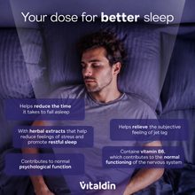 Load image into Gallery viewer, A man sleeping peacefully in bed alongside feature callouts for Vitaldin Sleep Support gummies, highlighting reduced time to fall asleep and jet lag relief.