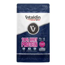 Load image into Gallery viewer, Front view of Vitaldin Sport 100% Whey Protein powder in strawberry flavor, 500g bag with 21g protein and DigeZyme logo.