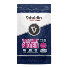 Load image into Gallery viewer, A 500g bag of Vitaldin Sport strawberry-flavoured Whey Protein, which helps to improve performance.