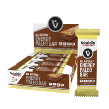 Load image into Gallery viewer, A retail display box containing 12 Vitaldin Sport All Natural Energy Paleo Bars in cashew and banana flavor, shown alongside a single wrapped bar. The packaging highlights that it contains five natural ingredients and is vegan.