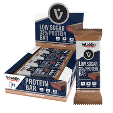 Load image into Gallery viewer, A retail display box and a single wrapped Vitaldin Sport Low Sugar Protein Bar in chocolate flavour. The packaging highlights 33% protein content (15g) and a soft texture.