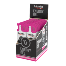 Load image into Gallery viewer, A retail display box containing multiple individual packets of Vitaldin Sport Energy Gel in Strawberry & Banana flavor. The box is black with pink accents, matching the branding of the high-carb energy gel pouches inside.