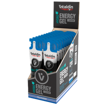 Load image into Gallery viewer, A retail display box containing multiple individual packets of Vitaldin Sport Hydro Energy Gel in Cola flavor. The packaging is black and blue, indicating it contains 60 mg of caffeine and a high-carb mix with Vitamin B6.