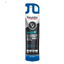 Load image into Gallery viewer, A single-serving slim pouch of Vitaldin Sport Hydro Energy Gel in Cola Flavour. The packaging is black, white, and blue, highlighting that it contains 60 mg of caffeine, a high carb mix, and Vitamin B6.