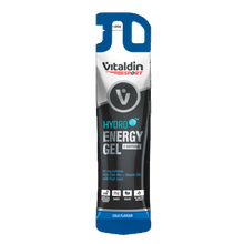 Load image into Gallery viewer, A single-serving slim pouch of Vitaldin Sport Hydro Energy Gel in Cola Flavour. The packaging is black, white, and blue, highlighting that it contains 60 mg of caffeine, a high carb mix, and Vitamin B6.