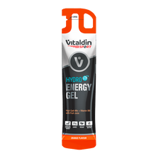 Load image into Gallery viewer, A single-serving slim pouch of Vitaldin Sport Hydro Energy Gel in Orange Flavour. The packaging is black, white, and orange, highlighting a high carb mix with Vitamin B6 and real fruit juice.