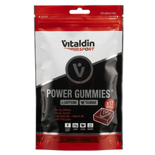Load image into Gallery viewer, A resealable red, white, and black pouch of Vitaldin Sport Power Gummies in Berries Flavour. The packaging indicates the gummies contain caffeine, taurine, and Vitamin B6, with 12 bites per pack.