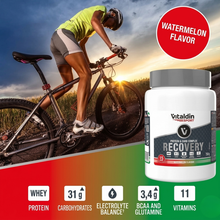 Load image into Gallery viewer, A cyclist riding at sunset alongside an image of Vitaldin Sport Recovery watermelon flavor jar with nutritional highlights like 31g carbohydrates and 11 vitamins.