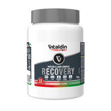 Load image into Gallery viewer, Front view of Vitaldin Sport Recovery Protein and Carb Complex jar, watermelon flavor, 750g size with electrolyte balance and BCAA callouts.