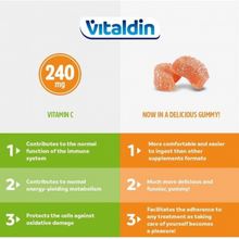 Load image into Gallery viewer, Infographic showing how Vitaldin Vitamin C Gummies support immunity, metabolism, and antioxidant protection.