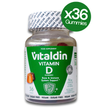 Load image into Gallery viewer, Vitaldin Vitamin D3 Gummies bottle with fruity flavour and 36-count formula for immune and bone support.