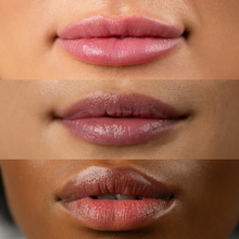 Load image into Gallery viewer, Three close-up views of lips with soft pink and glossy finishes on different skin tones, showcasing the WICKED x Dr. PAWPAW lip balm collection.
