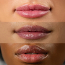 Load image into Gallery viewer, Close-up of lips showing colour transformation of WICKED x Dr.PAWPAW Enchanting Balm on different skin tones.