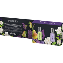 Load image into Gallery viewer, Yardley London Contemporary Floral Fragrance Collection gift set including 10ml travel bottles of Lilac & Pear and Gardenia & Cassis, featuring 94% natural and vegan-certified ingredients.
