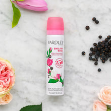 Load image into Gallery viewer, Yardley London English Rose Body Fragrance Spray (75ml) lifestyle image on marble, a refreshing floral deodorant spray with 95% naturally derived ingredients and a legacy of 250 years.