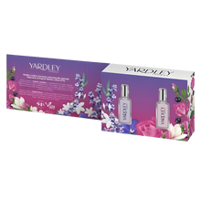 Load image into Gallery viewer, Yardley London Fine Fragrance Collection gift set featuring 10ml travel bottles of English Lavender and English Rose Eau de Toilette, made with 94% natural vegan ingredients.