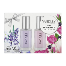 Load image into Gallery viewer, Yardley London Fine Fragrance Collection featuring 10ml travel sprays of English Lavender and English Rose, formulated with 94% natural, vegan ingredients in a floral gift box.